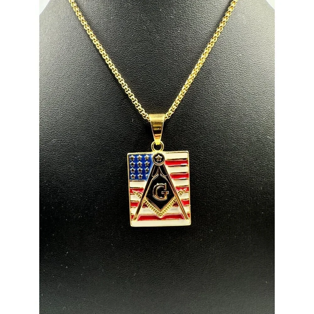 Freemason Masonic Pendant Necklace Gold Tone Stainless Steel American Flag